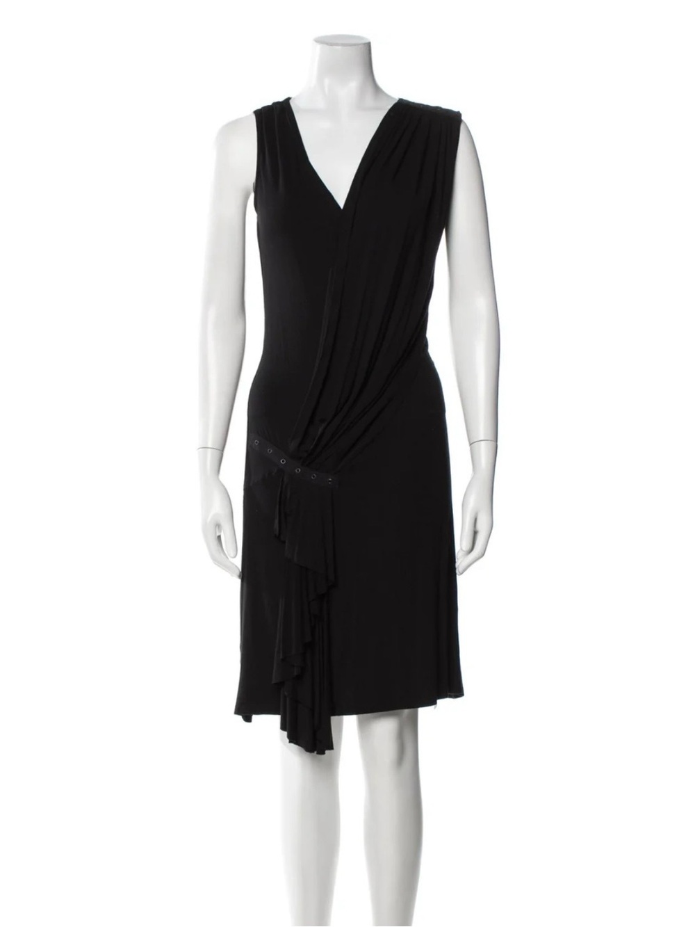 Alexander McQueen Black Draped V-Neck Midi Dress